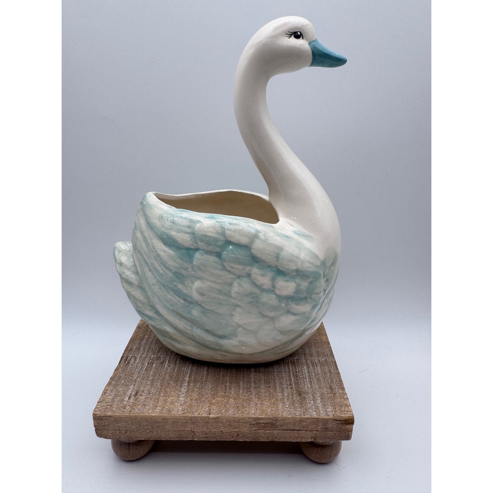 Vintage Ceramic Swan Goose Planter White Blue Hand Painted Cottagecore Decor